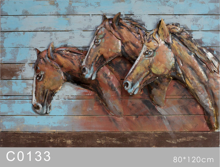3-D Three Running Horses Oil Painting Metal and Pine Wood Canvas Wall Mount Sale