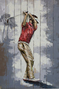 3D Metal Golfer Cutout on Wood Canvas - Hanging Wall Art Painting Mixed Media
