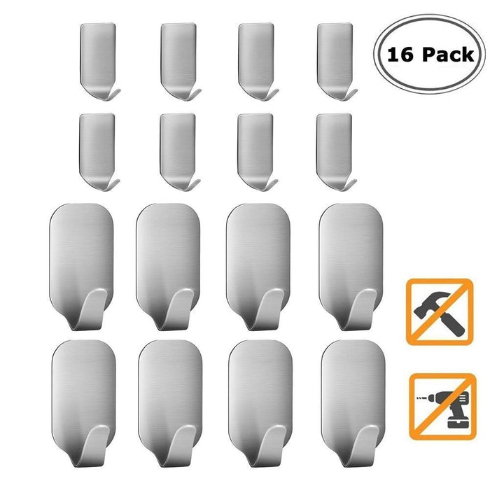 Adhesive Hooks, Heavy Duty Wall Hooks, Stainless Steel Waterproof Hanger for Kitchen, Bathroom, Bags, Towel, Coat, Keys, Robe, Home, Offices(8 Small + 8 Big)