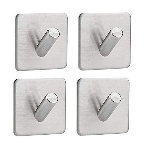 Adhesive Hooks, Stainless Steel Waterproof Heavy Duty Ultra Strong Self Adhesive Bathroom Towel Stick Wall Hook for Jewelry Organizing Hat Coat Home Kitchen Keys Bags Hook (4 pack single hook)