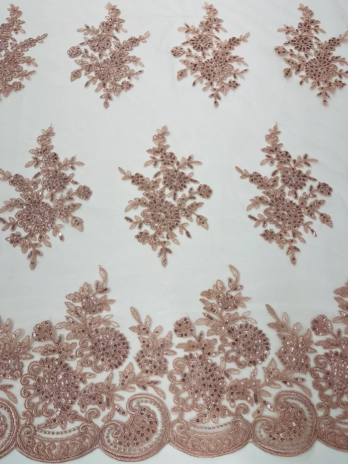 Flower Lace Sequins Fabric - Blush - Embroidered Floral Pattern Fabric with Sequins on Lace By Yard