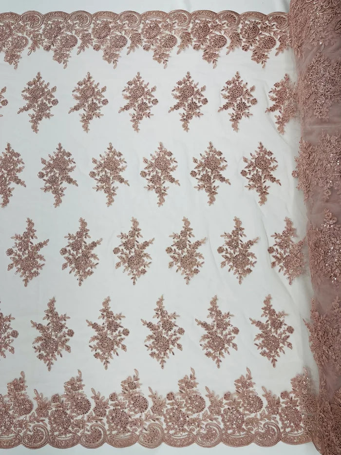 Flower Lace Sequins Fabric - Blush - Embroidered Floral Pattern Fabric with Sequins on Lace By Yard