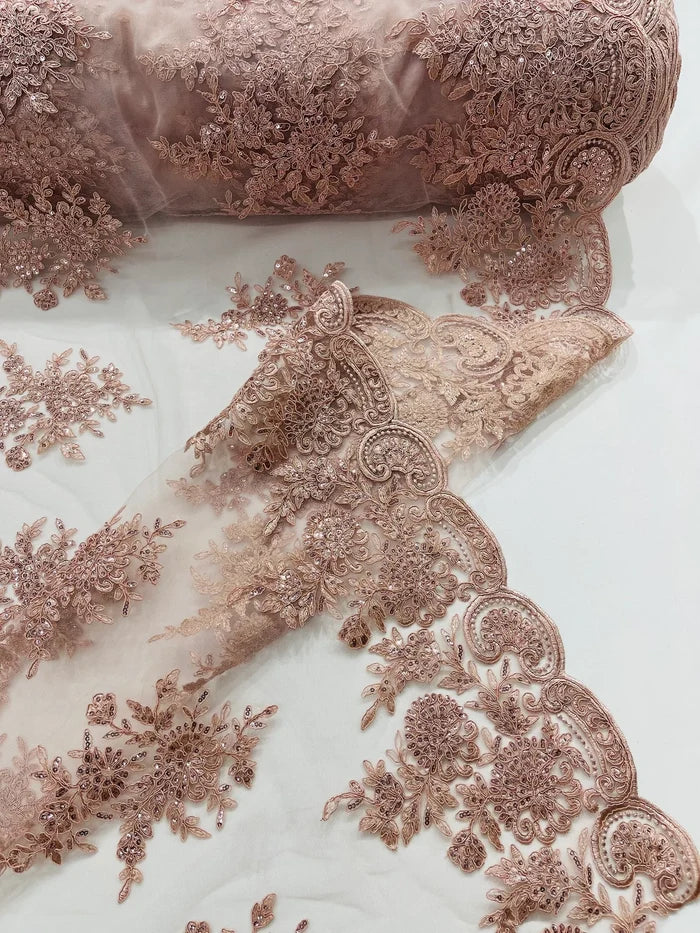 Flower Lace Sequins Fabric - Blush - Embroidered Floral Pattern Fabric with Sequins on Lace By Yard