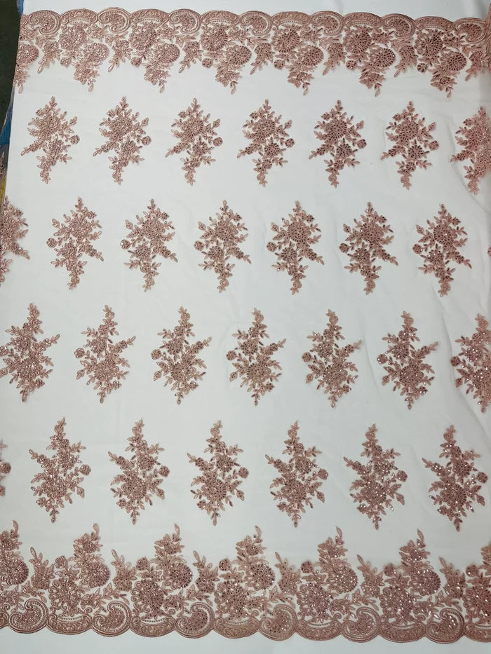Flower Lace Sequins Fabric - Blush - Embroidered Floral Pattern Fabric with Sequins on Lace By Yard