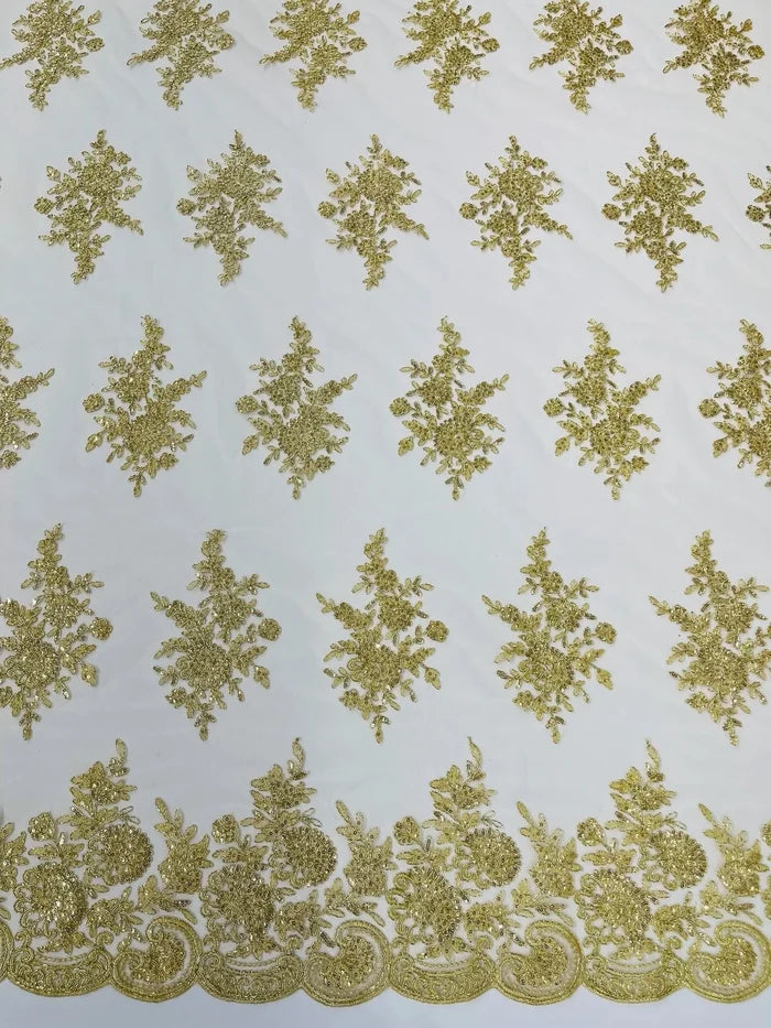 Flower Lace Sequins Fabric - Champagne - Embroidered Floral Pattern Fabric with Sequins on Lace By Yard
