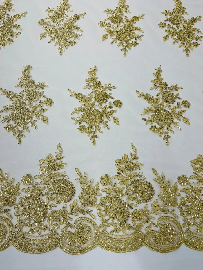 Flower Lace Sequins Fabric - Champagne - Embroidered Floral Pattern Fabric with Sequins on Lace By Yard