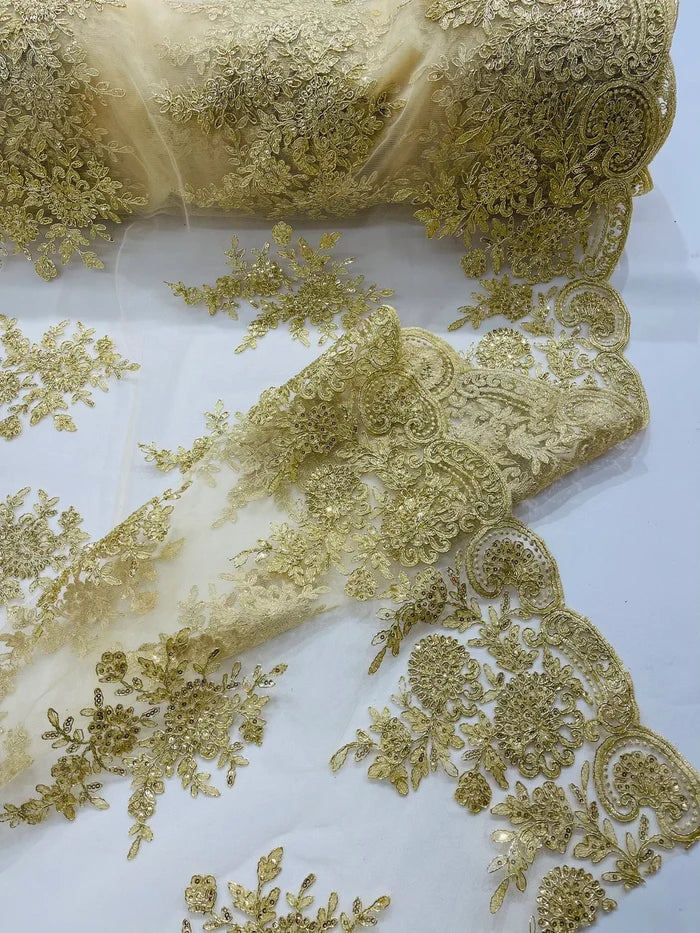 Flower Lace Sequins Fabric - Champagne - Embroidered Floral Pattern Fabric with Sequins on Lace By Yard