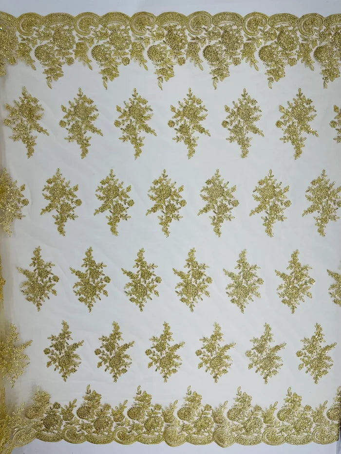 Flower Lace Sequins Fabric - Champagne - Embroidered Floral Pattern Fabric with Sequins on Lace By Yard
