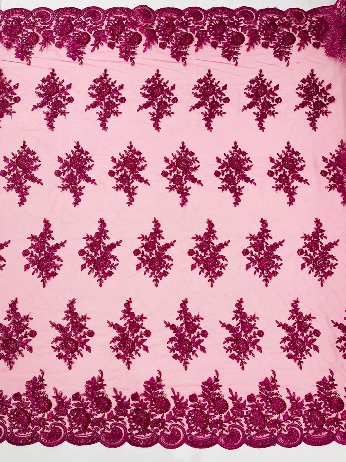 Flower Lace Sequins Fabric - Fuchsia - Embroidered Floral Pattern Fabric with Sequins on Lace By Yard
