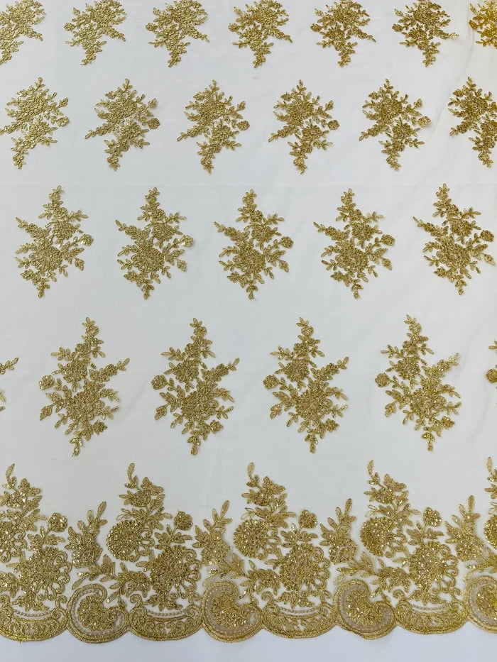 Flower Lace Sequins Fabric - Gold - Embroidered Floral Pattern Fabric with Sequins on Lace By Yard