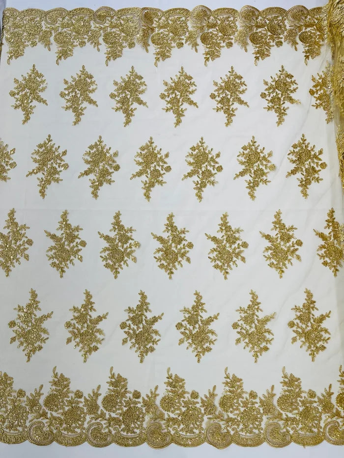 Flower Lace Sequins Fabric - Gold - Embroidered Floral Pattern Fabric with Sequins on Lace By Yard