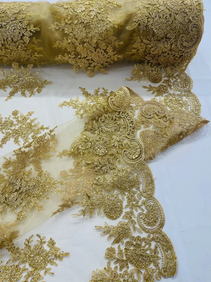 Flower Lace Sequins Fabric - Gold - Embroidered Floral Pattern Fabric with Sequins on Lace By Yard
