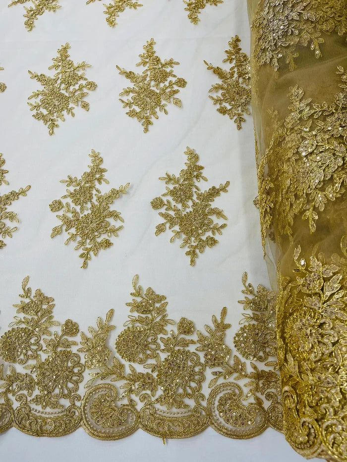 Flower Lace Sequins Fabric - Gold - Embroidered Floral Pattern Fabric with Sequins on Lace By Yard
