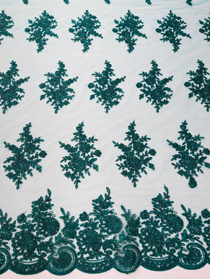 Flower Lace Sequins Fabric - Hunter Green - Embroidered Floral Pattern Fabric with Sequins on Lace By Yard
