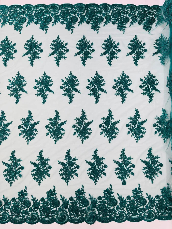 Flower Lace Sequins Fabric - Hunter Green - Embroidered Floral Pattern Fabric with Sequins on Lace By Yard