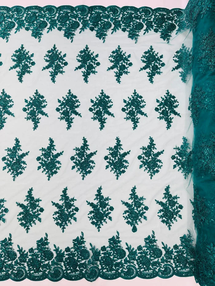 Flower Lace Sequins Fabric - Hunter Green - Embroidered Floral Pattern Fabric with Sequins on Lace By Yard
