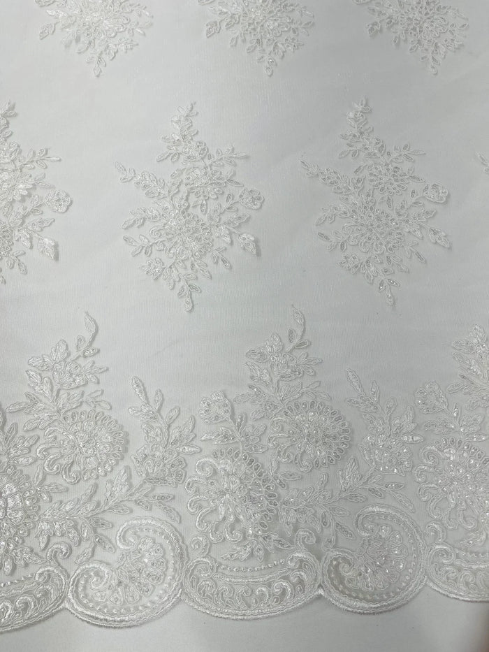 Flower Lace Sequins Fabric - Ivory - Embroidered Floral Pattern Fabric with Sequins on Lace By Yard