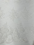 Flower Lace Sequins Fabric - Ivory - Embroidered Floral Pattern Fabric with Sequins on Lace By Yard