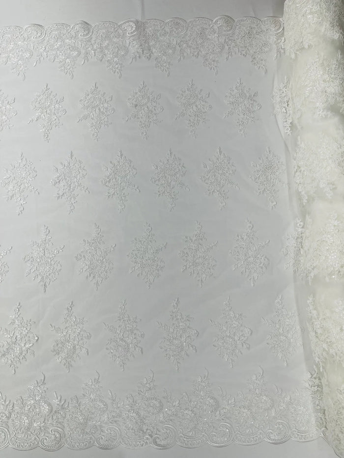 Flower Lace Sequins Fabric - Ivory - Embroidered Floral Pattern Fabric with Sequins on Lace By Yard