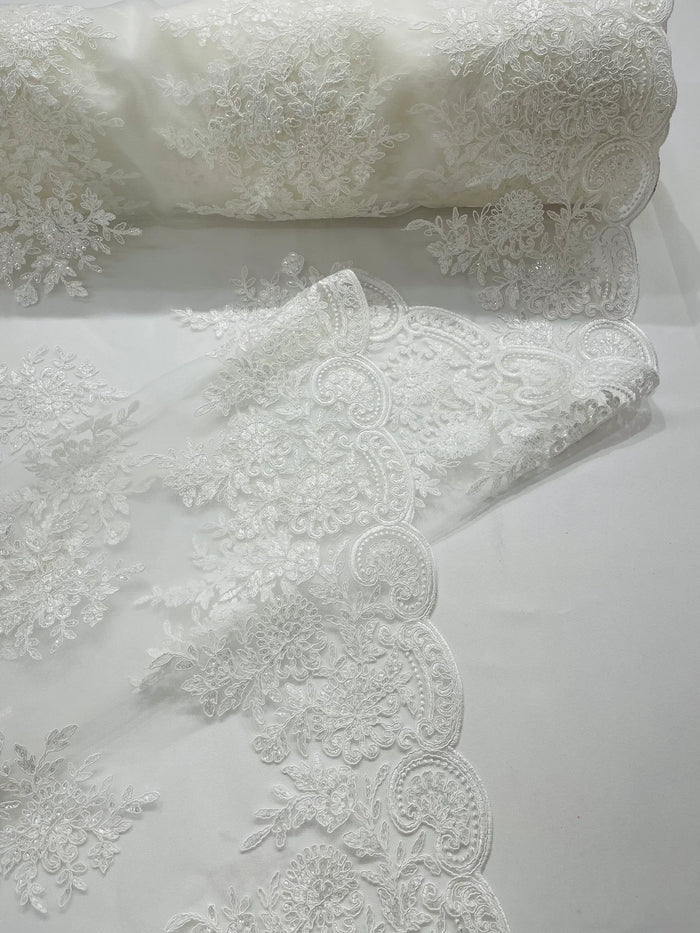 Flower Lace Sequins Fabric - Ivory - Embroidered Floral Pattern Fabric with Sequins on Lace By Yard