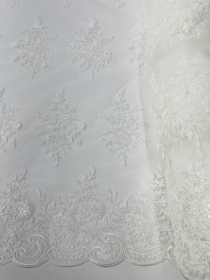 Flower Lace Sequins Fabric - Ivory - Embroidered Floral Pattern Fabric with Sequins on Lace By Yard