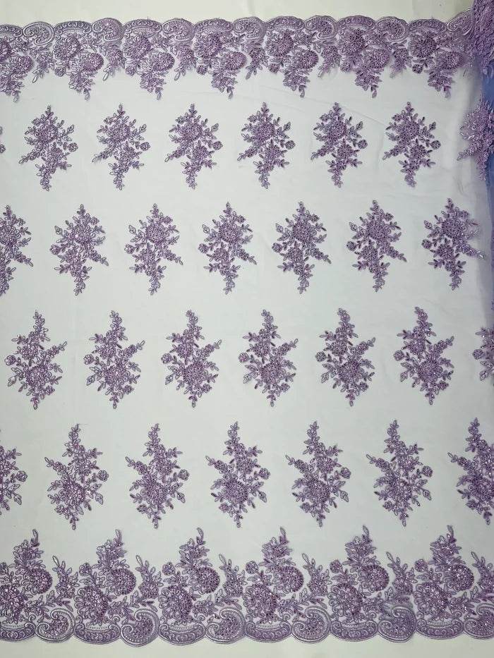Flower Lace Sequins Fabric - Lilac - Embroidered Floral Pattern Fabric with Sequins on Lace By Yard