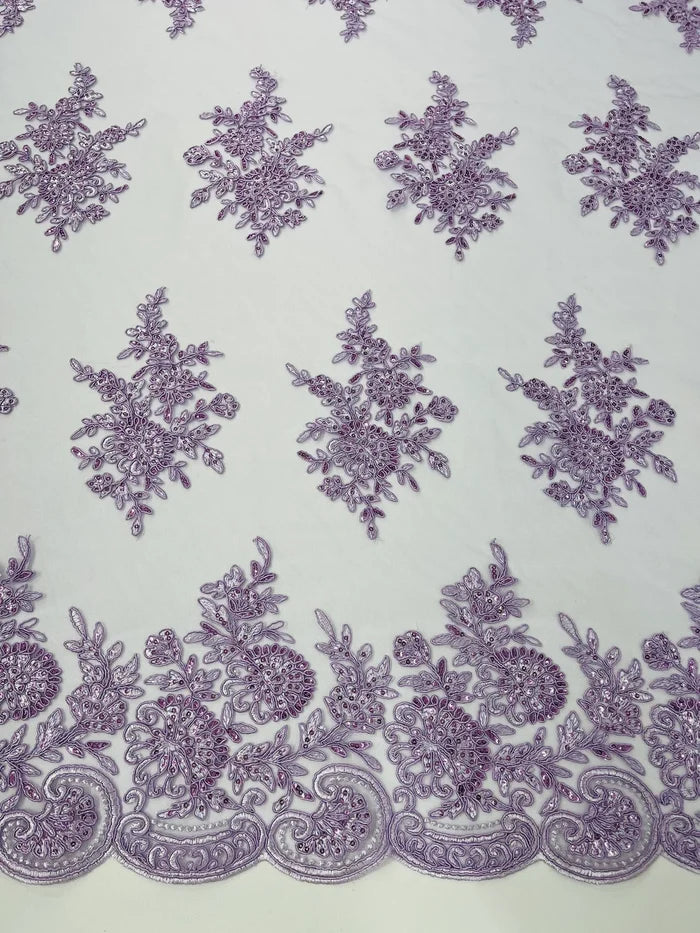 Flower Lace Sequins Fabric - Lilac - Embroidered Floral Pattern Fabric with Sequins on Lace By Yard