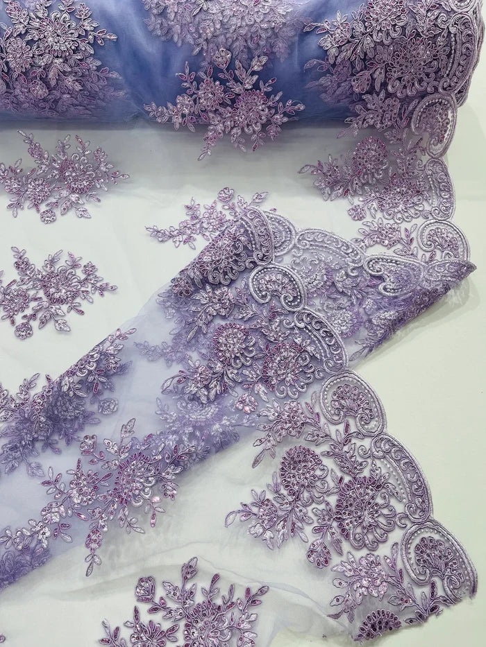 Flower Lace Sequins Fabric - Lilac - Embroidered Floral Pattern Fabric with Sequins on Lace By Yard