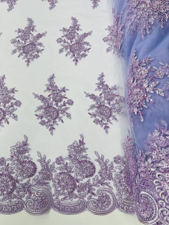 Flower Lace Sequins Fabric - Lilac - Embroidered Floral Pattern Fabric with Sequins on Lace By Yard