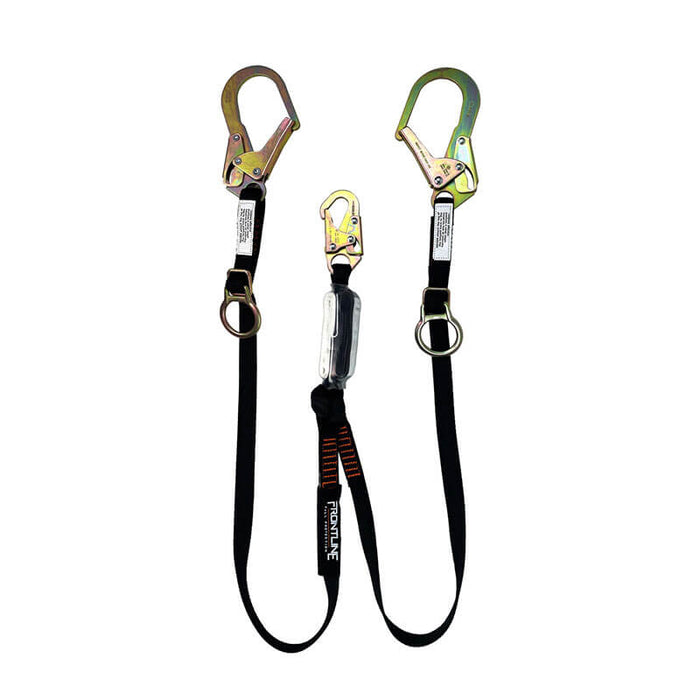 The Frontline Combat 6' Tie-Back Twin Leg Lanyard w/Shock Absorb by Frontline Fall Protection features a twin-leg design with shock absorber and metal snap hooks, providing fall protection for construction or industrial work.