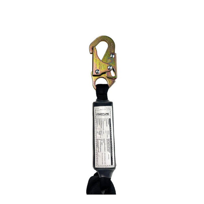 The Frontline Fall Protection Combat 6' Tie-Back Twin Leg Lanyard with Shock Absorb features a metal snap hook and black shock-absorbing lanyard with a white label, designed for fall protection. Shown on a plain white background.