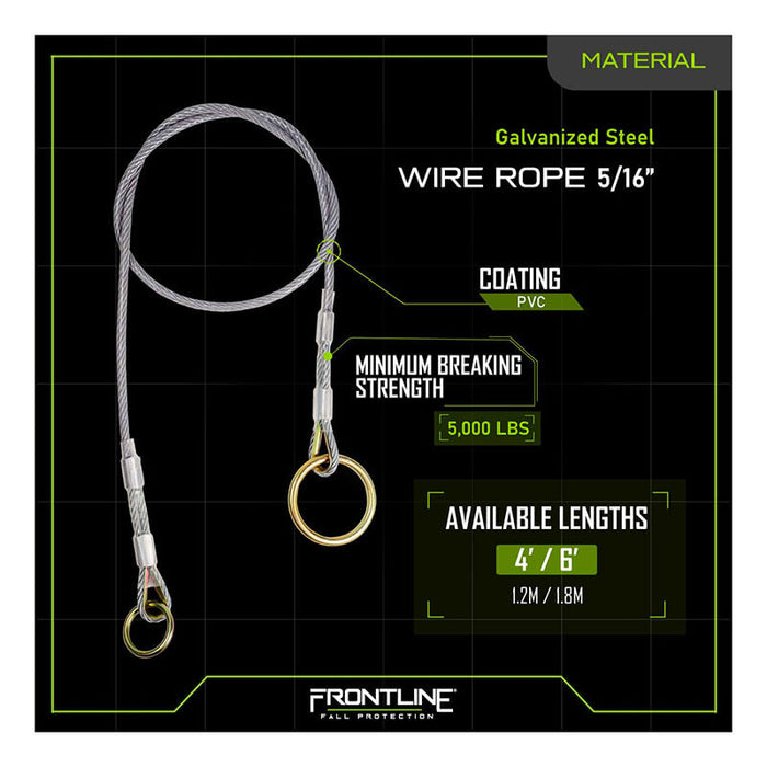 Image displays the Frontline MPW Wire Rope Choker Anchor by Frontline Fall Protection, 5/16" galvanized steel with PVC coating, 5,000 lbs minimum breaking strength, available in 4 ft and 6 ft lengths.