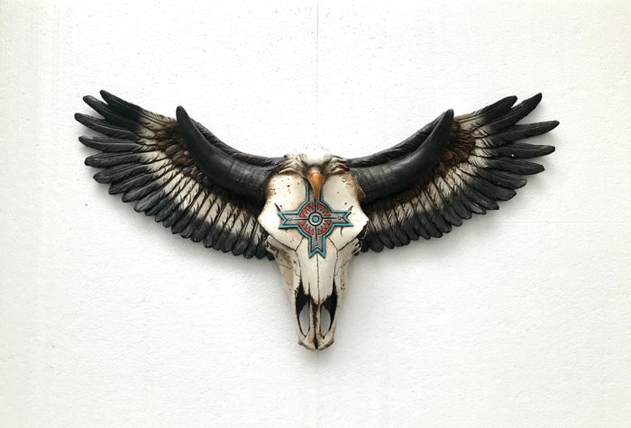 HAND MADE PAINTED COW SKULL WITH AMERICAN FLYING EAGLE COLD CAST BRONZE SCULPTURE STATUE