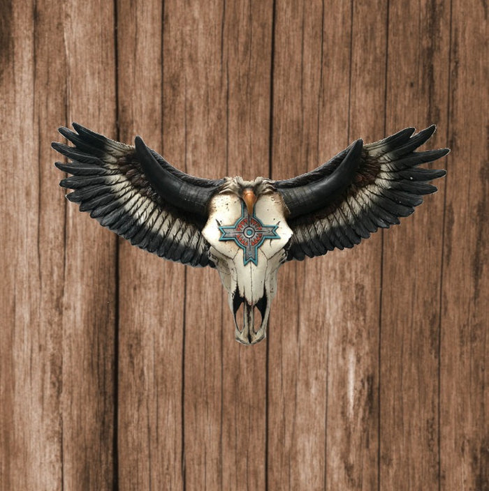 HAND MADE PAINTED COW SKULL WITH AMERICAN FLYING EAGLE COLD CAST BRONZE SCULPTURE STATUE