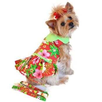 HAWAIIAN RED HIBISCUS DESIGNER DOG DRESS WITH MATCHING LEASH, Dress - Bones Bizzness