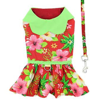 HAWAIIAN RED HIBISCUS DESIGNER DOG DRESS WITH MATCHING LEASH, Dress - Bones Bizzness