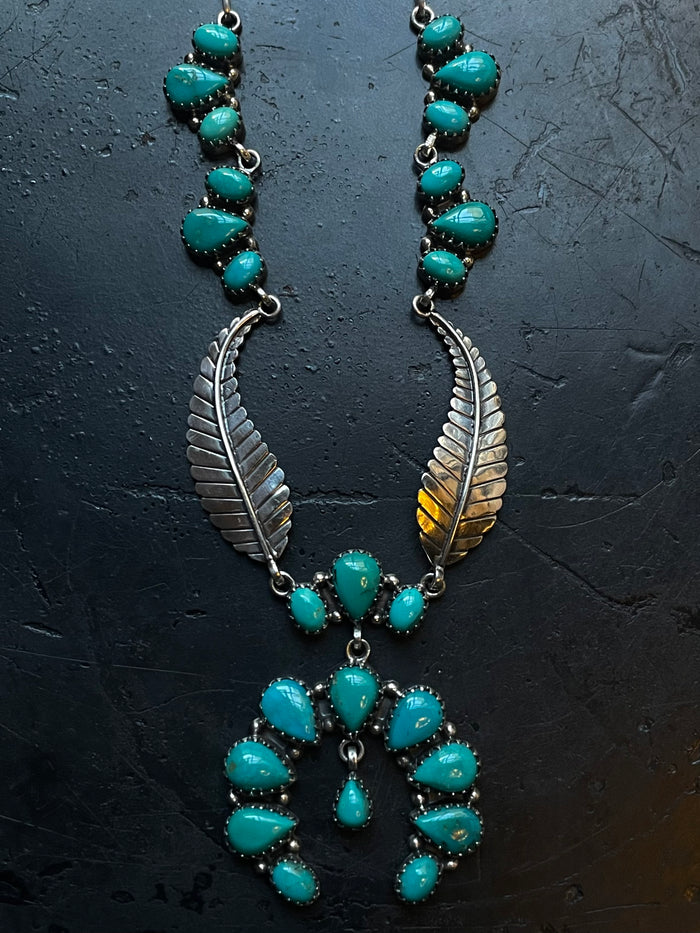 Kingman Turquoise Feather Naja Necklace | 925 Sterling Silver E622