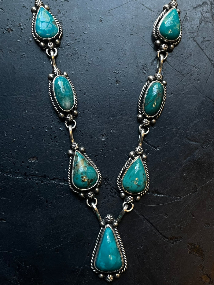 Kingman Turquoise Lariat Necklace | Teardrop Station Drop | 925 Silver E627