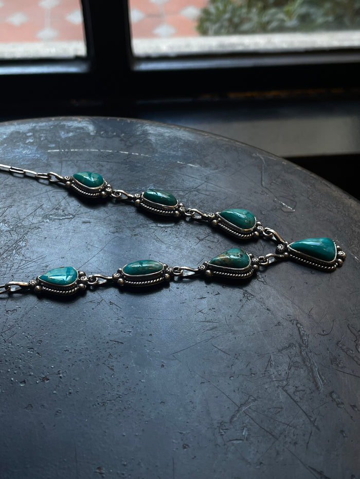 Kingman Turquoise Lariat Necklace | Teardrop Station Drop | 925 Silver E627