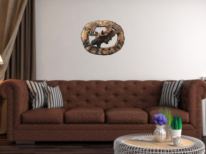 Moose Head Wildlife Trophy Head Wood Look Wall Art Sculpture Welcome Sign Statue