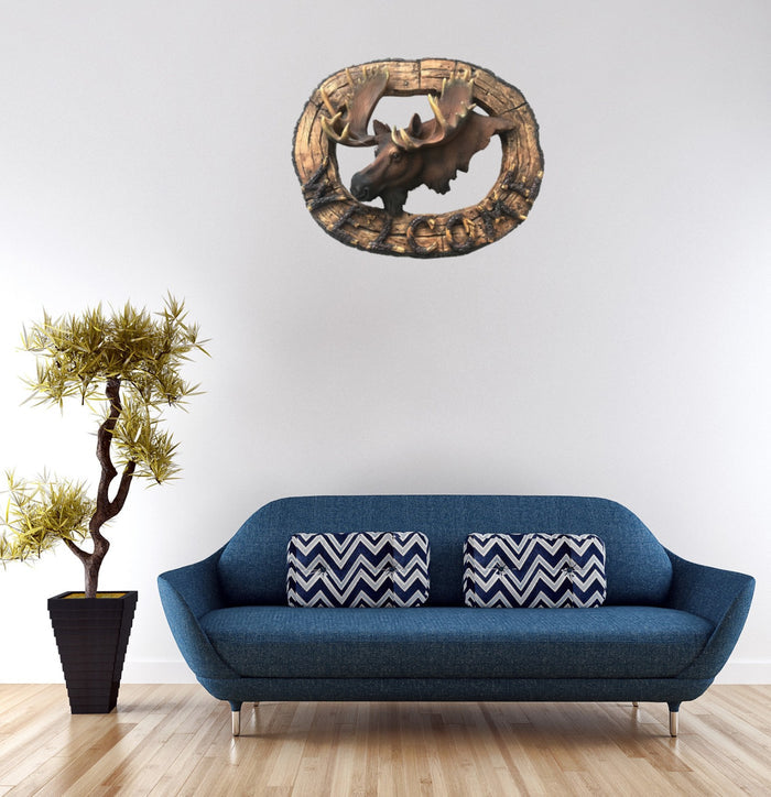Moose Head Wildlife Trophy Head Wood Look Wall Art Sculpture Welcome Sign Statue