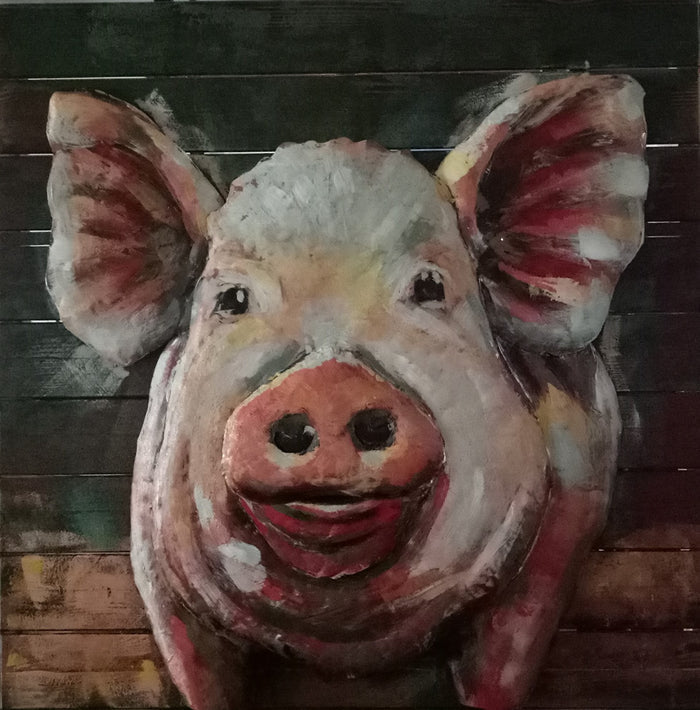 Pig Farm Animal Wall Art Hanging Decor 3D Metal Cutout Painting on Wood Canvas