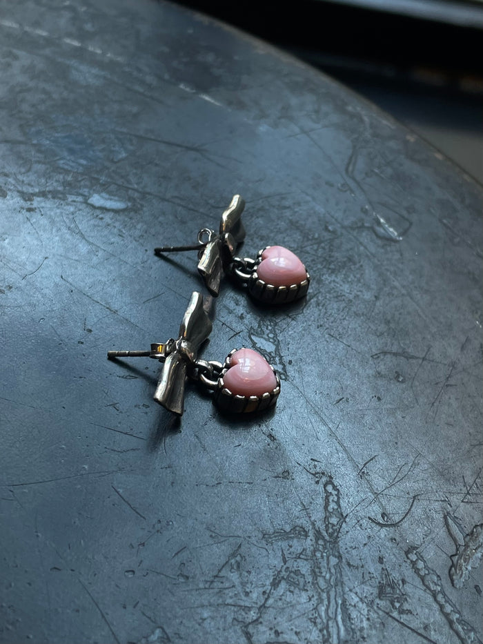 Pink Conch Bow Stud Earrings | Heart Drop Sterling Silver E676