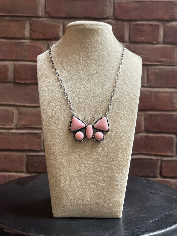 Pink Conch Butterfly Necklace | Tri Wing Cluster | 925 Silver E563