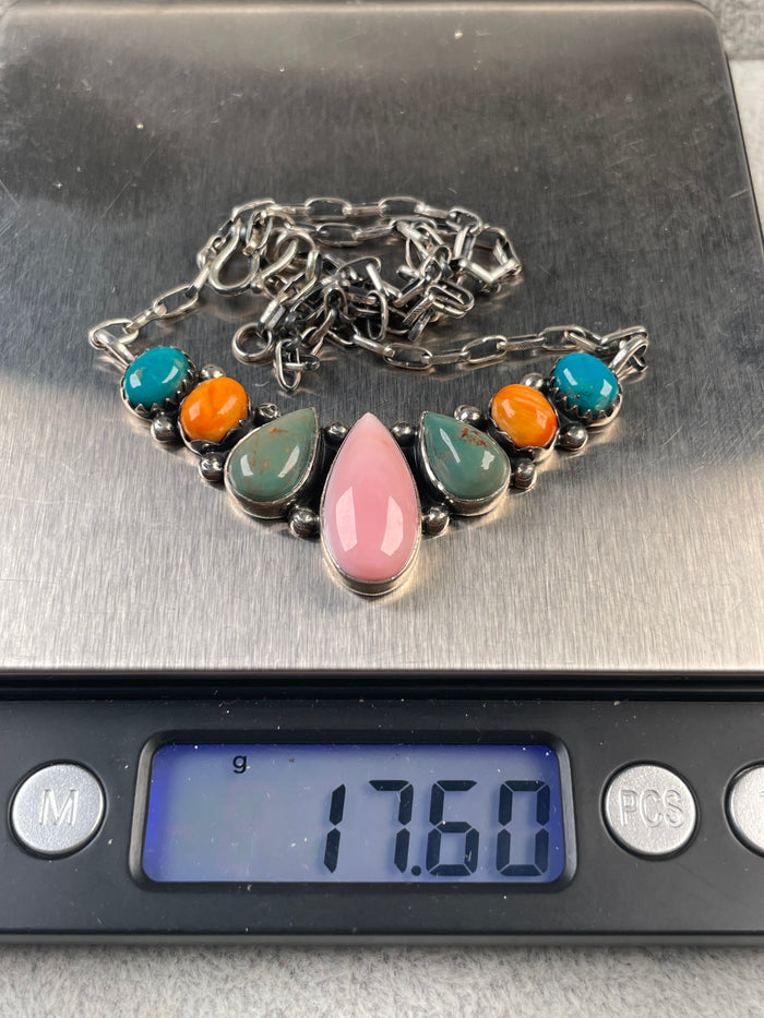 Pink Conch, Spiny Oyster & Turquoise Necklace | 925 Sterling Silver D165