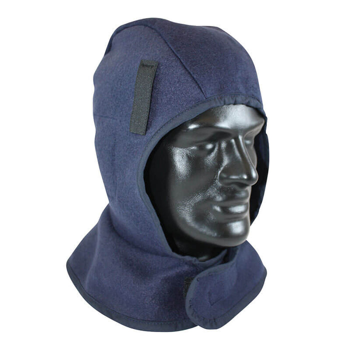A black mannequin head displays the PIP 1-Layer Fleece Liner with Shell 364-SL1FB by PIP, in a dark blue color. This winter liner includes a front closure and side velcro patch and is crafted from soft fleece fabric that extends to shoulder length. It provides additional warmth by covering the neck area, making it perfect for work in cold weather conditions.