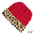 Red messy bun beanie with leopard print cuff