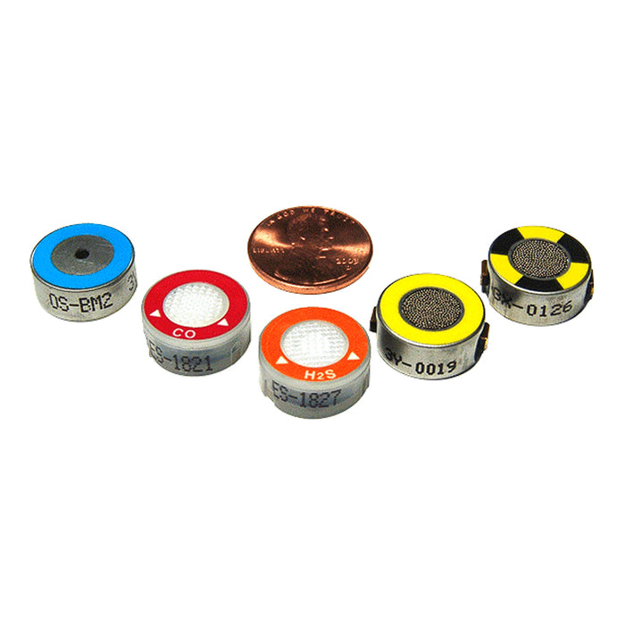 Six RKI Replacement Oxygen Sensor OS-BM2 units by RKI Instruments, each with a distinct colored top—blue, red, orange, yellow, and black—are arranged semicircularly around a penny on a white background.