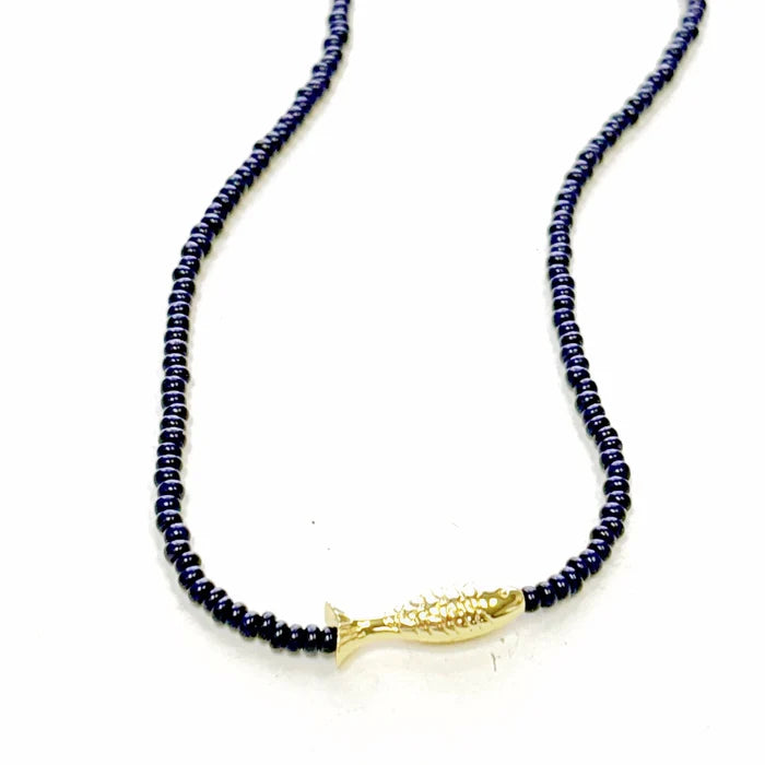 The Silver Wren - Necklace - Lucky Fish Beaded - Navy 16in - Findlay Rowe Designs