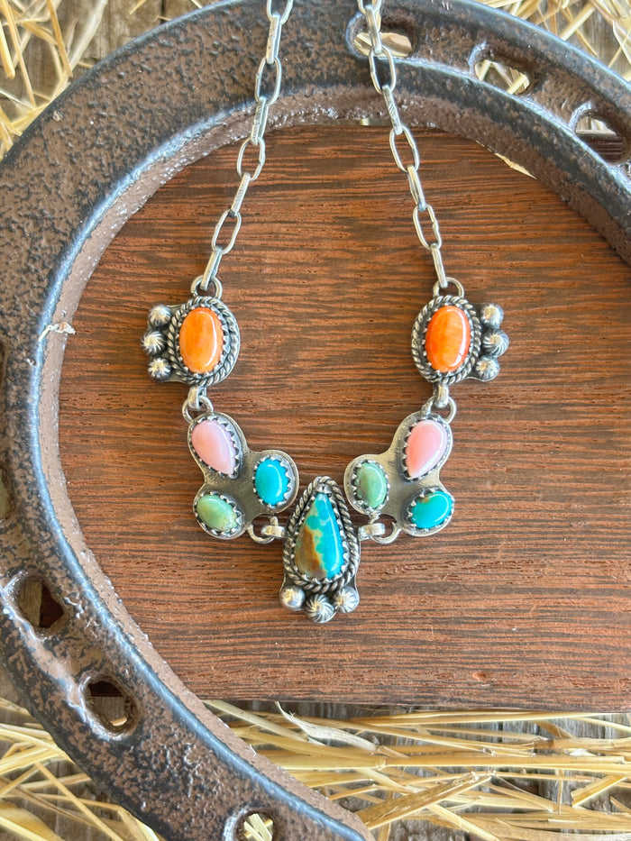 Turquoise & Spiny Oyster Multistone Necklace | 925 Sterling Silver Z34